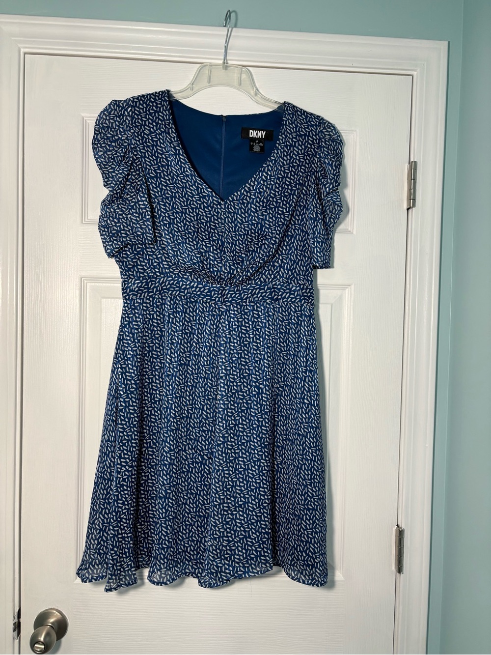 DKNY Navy and White Printed V-Neck Fit-and-Flare Dress